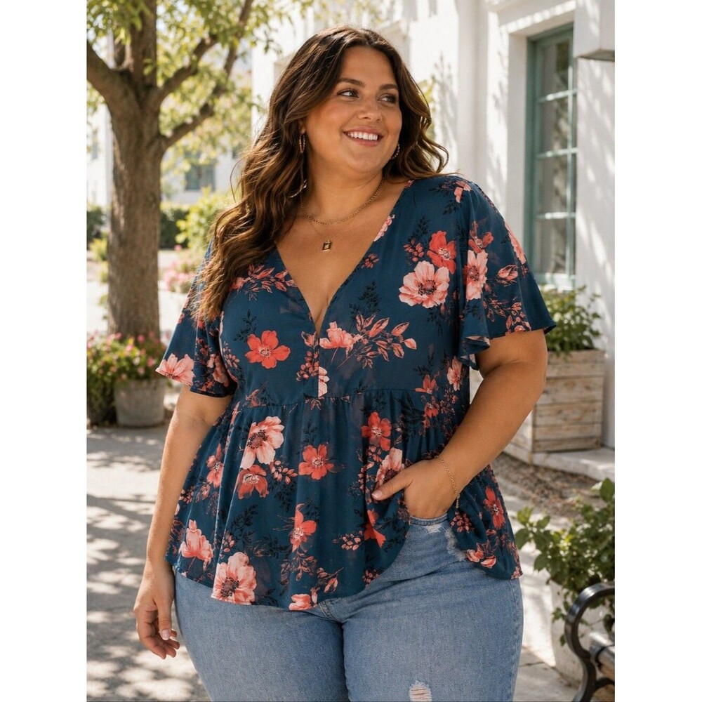 Torrid Floral Babydoll Blouse 2XL NWT 18/20 Navy V-Neck Flutter Sleeve Spring